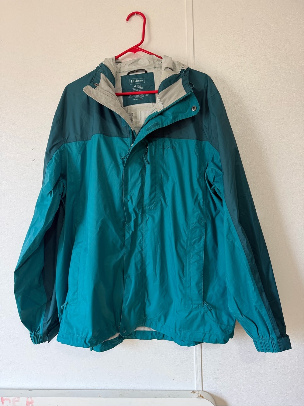 L.L.Bean Men's Hooded Rain Jacket Teal Gray Full Zip Stand-Up Collar XL